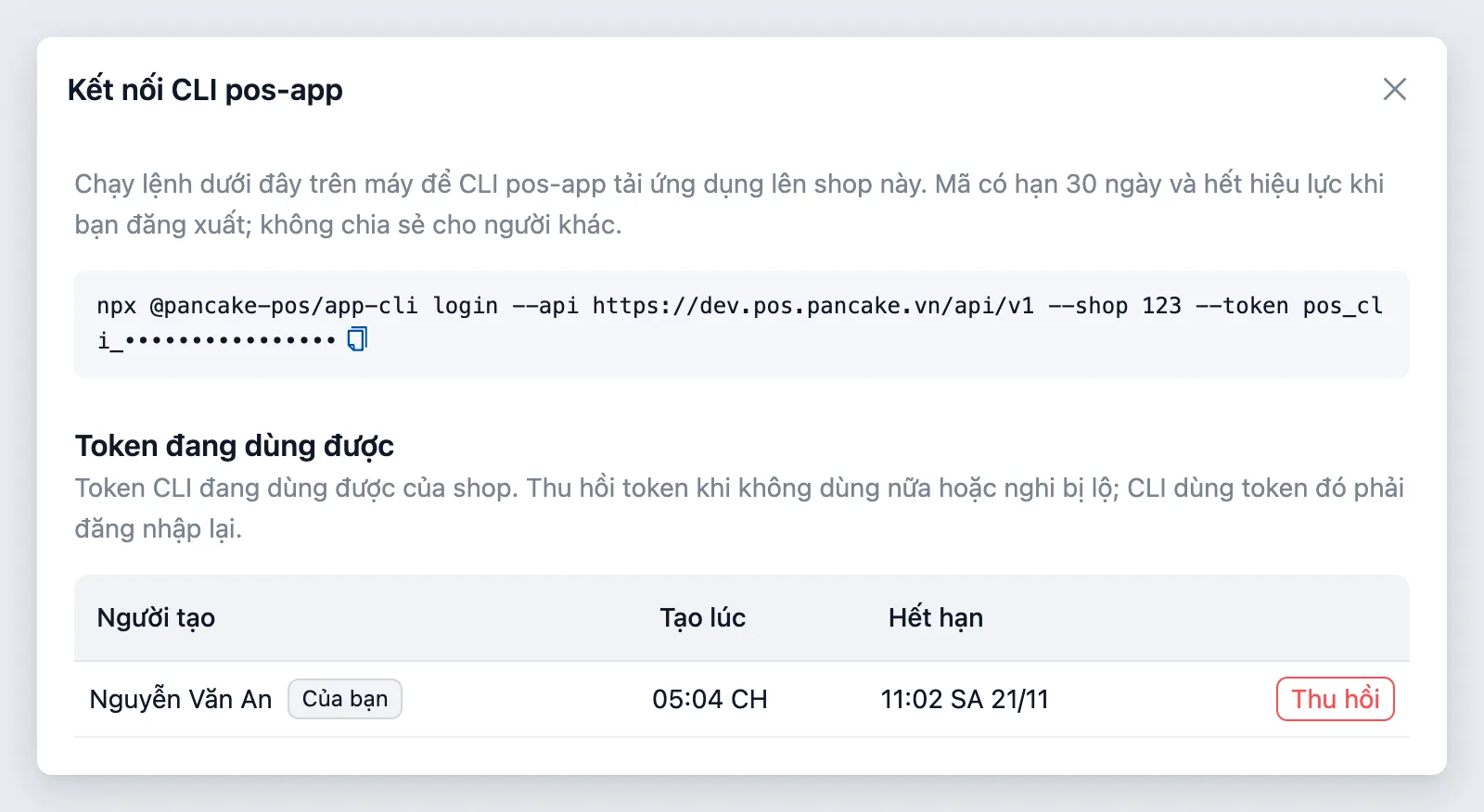 Hộp Kết nối CLI: lệnh đăng nhập và danh sách token đang dùng được